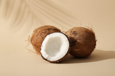Fresh coconuts and shadow of palm leaf on beige background