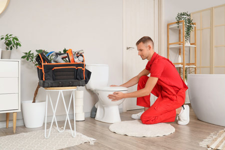 Male plumber repairing toilet bowl in restroomの写真素材