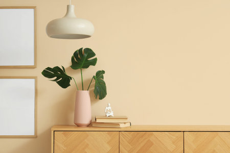 Vase with monstera leaves and books on wooden cabinet near beige wall