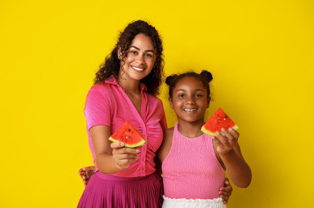 Beautiful young African-American woman and her cute daughter with pieces of fresh watermelon on yellow backgroundの写真素材