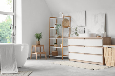 Bathtub, shelving unit and chest of drawers with sink in interior of bathroom