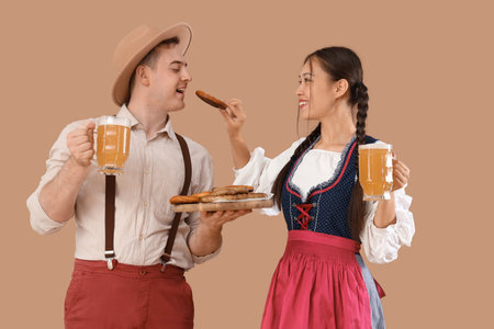 Young happy couple in traditional German clothes with mugs of beer and snacks on beige backgroundの写真素材