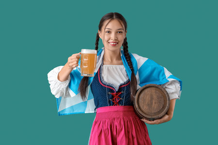 Beautiful young happy Asian Octoberfest waitress with Bavarian flag, barrel and mug of beer on green backgroundの写真素材