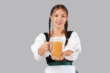 Beautiful young happy Asian Octoberfest waitress with mug of beer on gray backgroundの写真素材