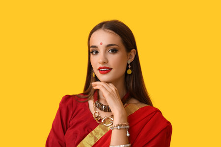 Beautiful young Indian woman in sari on yellow backgroundの写真素材
