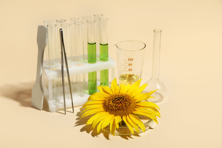 Professional laboratory glassware with samples, sunflower and oil on beige backgroundの写真素材