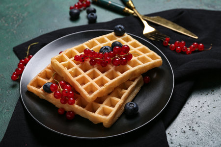 Plate of sweet Belgian waffles with fresh blueberries and red currants on green backgroundの写真素材