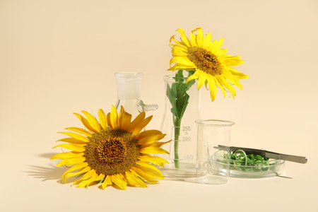 Professional laboratory glassware with sunflowers and sprouts on beige background