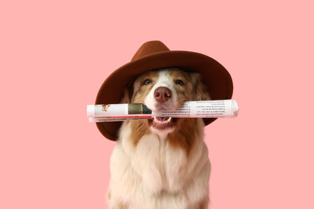 Cute Australian Shepherd dog in hat with newspaper on pink backgroundの写真素材