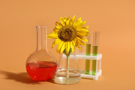 Professional laboratory filled glassware with samples and sunflower on orange backgroundの写真素材