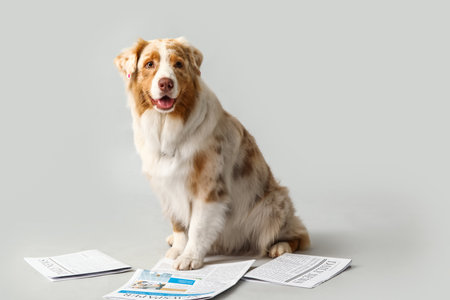 Cute Australian Shepherd dog with newspapers sitting on gray backgroundの写真素材
