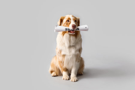 Cute Australian Shepherd dog with newspaper sitting on gray backgroundの写真素材