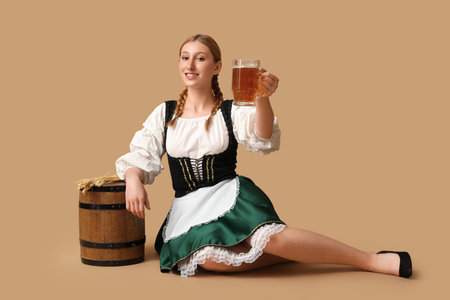 Beautiful happy Octoberfest waitress with barrel and mug of beer sitting on beige backgroundの写真素材