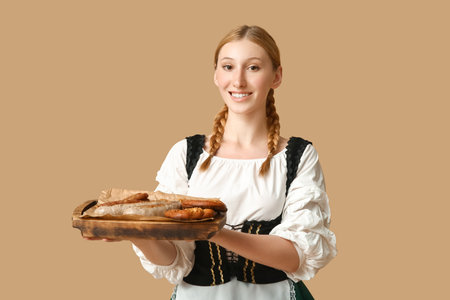Beautiful happy Octoberfest waitress with board of traditional food on beige backgroundの写真素材