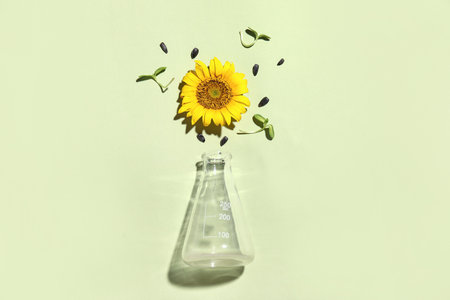 Glass flask with sunflower and seeds on green backgroundの写真素材