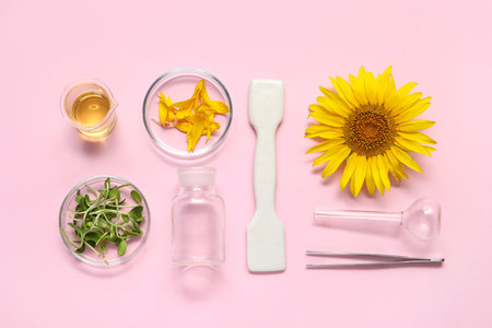 Professional laboratory tools with sunflower, oil and sprouts on pink backgroundの写真素材