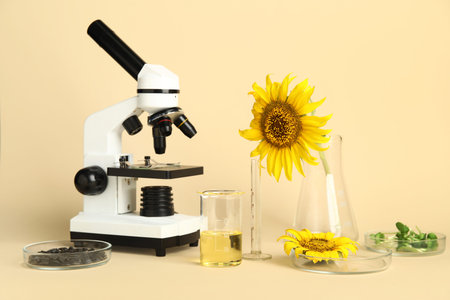 Modern microscope with professional laboratory tools, sunflowers and oil on yellow background