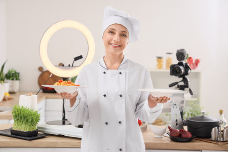 Mature female chef with dishes recording cooking video class in kitchenの写真素材
