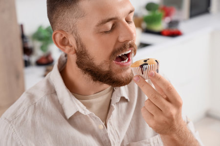 Young man eating tasty muffin in kitchen, closeupの写真素材