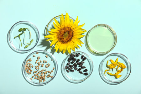 Petri dishes with sunflower, seeds, oil and sprouts on blue backgroundの写真素材