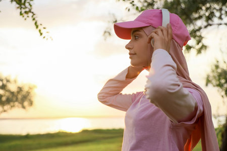 Sporty Muslim woman in headphones in park, closeupの写真素材