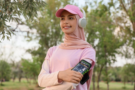 Sporty Muslim woman in headphones with mobile phone case in parkの写真素材