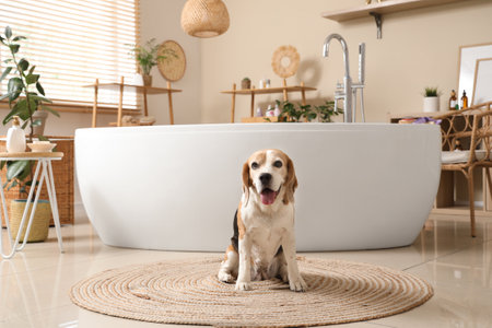 Cute Beagle dog sitting on carpet near bathtub at homeの写真素材