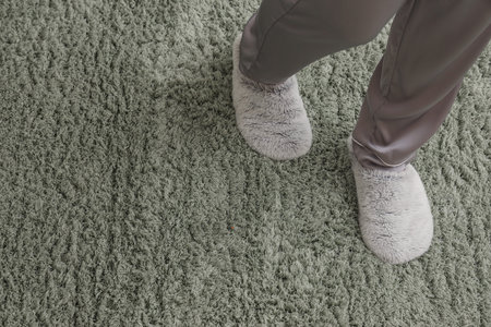Woman in slippers walking on soft carpet. New beginning concept