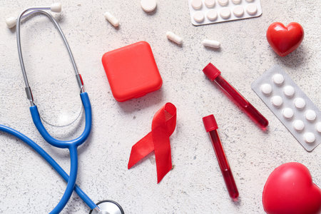 Red ribbon with stethoscope, pills, blood samples and hearts on grunge white background. Blood Cancer Awareness Monthの写真素材