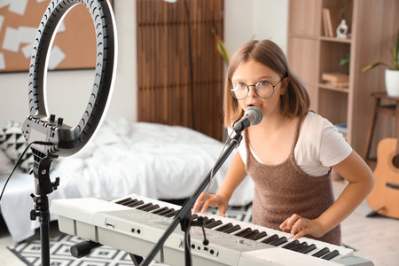 Cute little girl with microphone and modern synthesizer recording music video at homeの写真素材