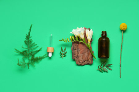 Composition with bottle of essential oil, tree bark and plants on green backgroundの写真素材