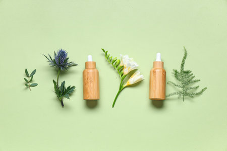 Composition with bottles of essential oil and plants on green backgroundの写真素材