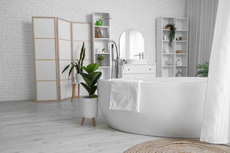 Bathtub, houseplants and shelving units in interior of modern bathroomの写真素材