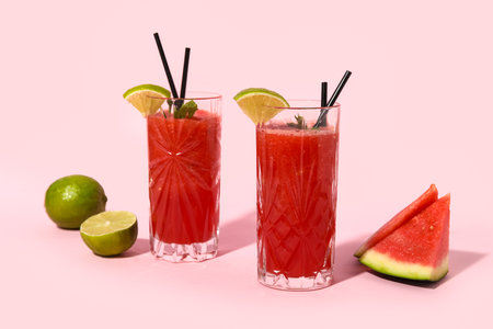 Glasses of fresh watermelon juice with lime and mint on pink backgroundの写真素材