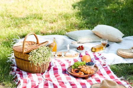 Wicker basket with chamomile flowers, tasty food and drink for romantic picnic in park