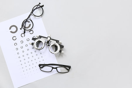 Optical trial frame with eye test chart and eyeglasses on white backgroundの写真素材