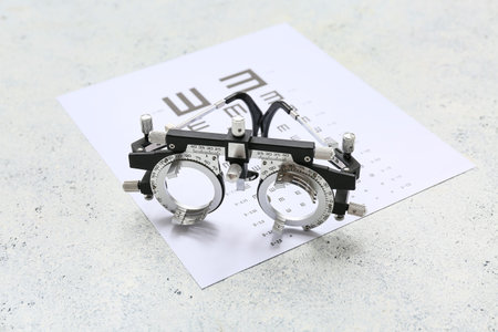 Optical trial frame with eye test chart on white grunge background