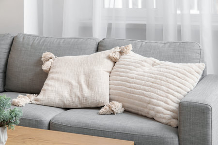 Cozy sofa with cushions and coffee table in interior of living room