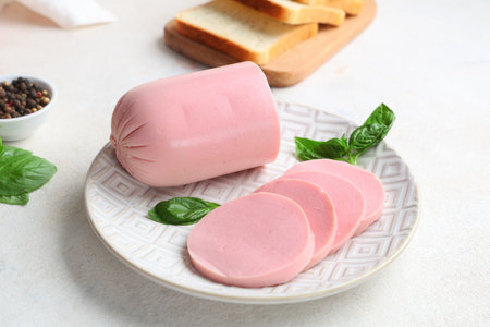 Plate with tasty boiled sausage, basil and slices of bread on grunge white backgroundの写真素材