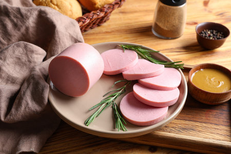 Plate with slices of tasty boiled sausage, peppercorns and mustard sauce on brown wooden background