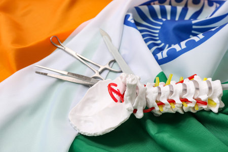 Surgical instruments and spine model on flag of India, closeup. National Doctor's Day celebrationの写真素材