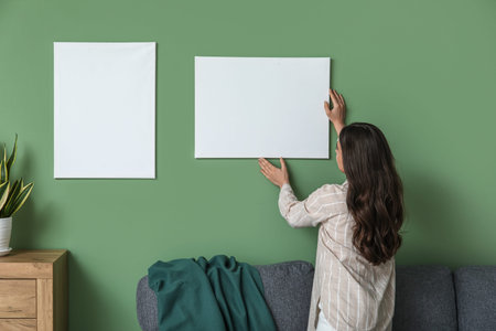 Young pretty woman hanging picture on green wall in living room