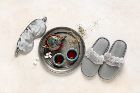 Slippers, sleep mask and tea set on light backgroundの写真素材