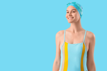 Professional young female swimmer on blue backgroundの写真素材
