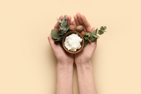 Female hands holding green twig, bowl with shea butter and nuts on beige backgroundの写真素材