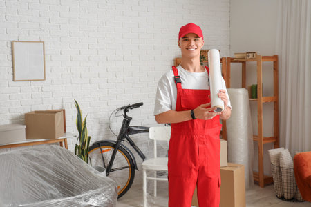 Male worker with roll of stretch film in room
