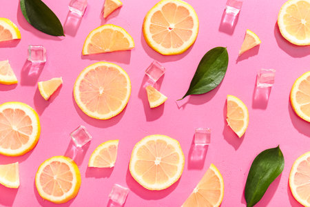 Sliced lemon, green leaves and ice cubes on pink backgroundの写真素材