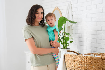 Young mother with her cute little baby doing laundry in bathroomの写真素材