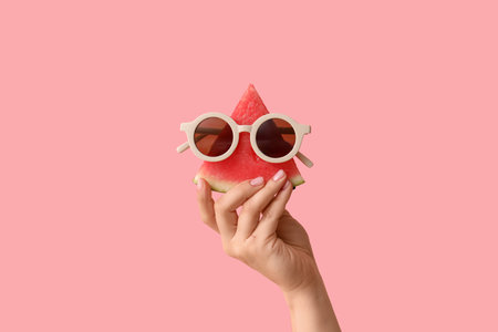 Female hand with piece of sweet watermelon and sunglasses on pink backgroundの写真素材