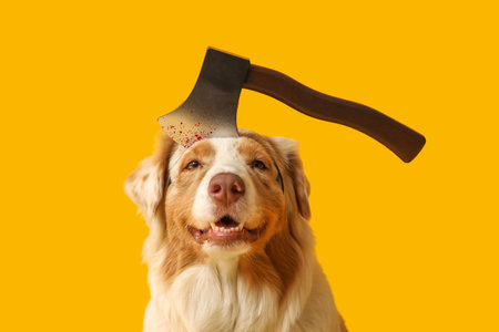 Cute dog with ax on yellow background. Halloween celebrationの写真素材